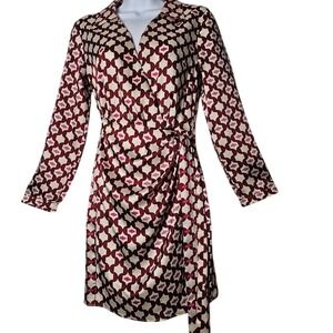 Mango MNG Faux Wrap Shirt Dress XS Red Pink Cream Long Sleeve Zip Mod Retro